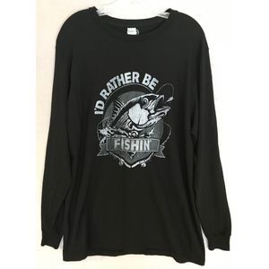 Pacific "I'd Rather be Fishing" T-Shirt Bass art Long Sleeve Cotton Black‎ Large